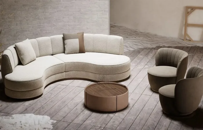 Mano coffee table with Stella sofa and Pearl armchairs