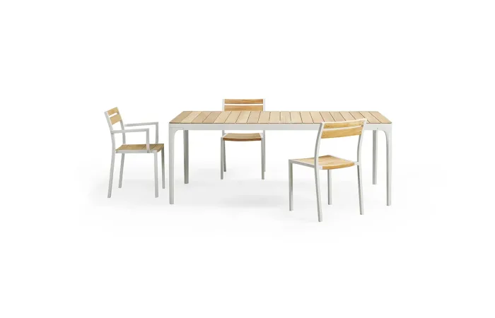 play rectangualar dining table natural teak with chairs ls5