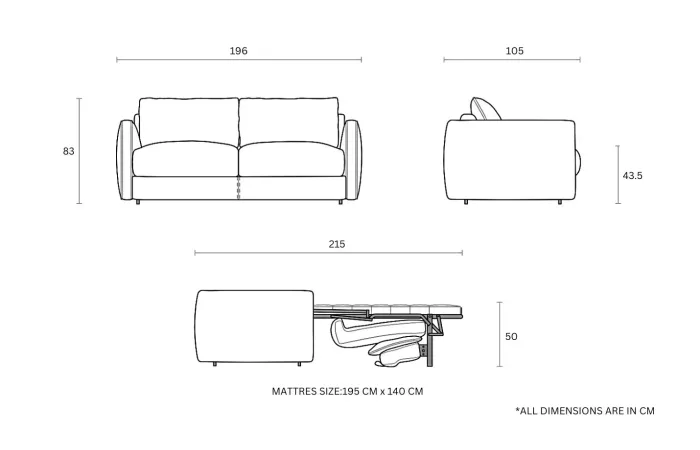 beaumont bed sofa technical drawing 2