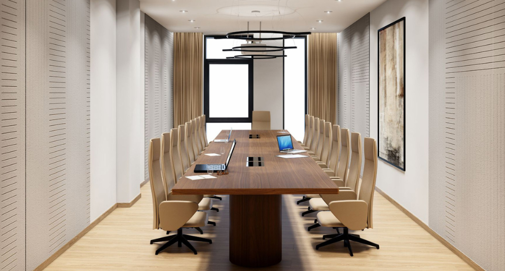 board room with long table and chairs for meetings and presentations - interior design.