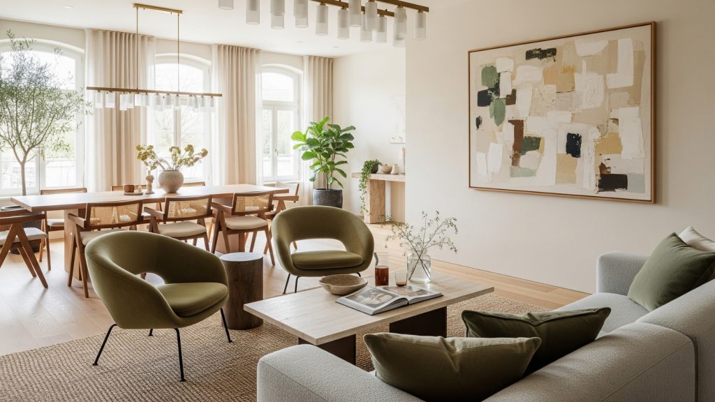 Contemporary open-plan living and dining space with abstract art, green armchairs, and wooden furniture.