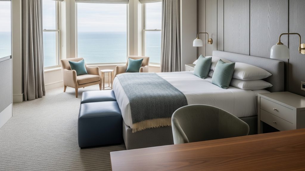 Luxury hotel bedroom with ocean view, modern furniture, and soft grey tones.